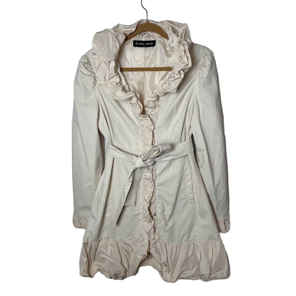 blanc noir Cream Ruffle-Trench Belted Women's Coat